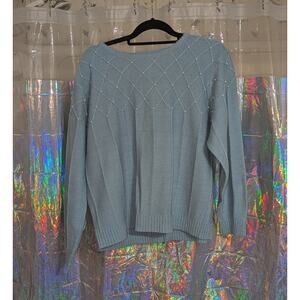 VTG 80s Blair Boutique Pastel Blue Eclectic Grandma Sweater W/ Pearls
